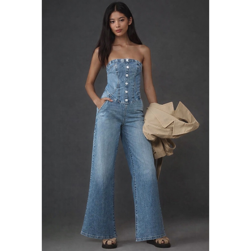 Pilcro Strapless Denim Corset Jumpsuit Womens 6 Light Blue Wide Leg Corset
